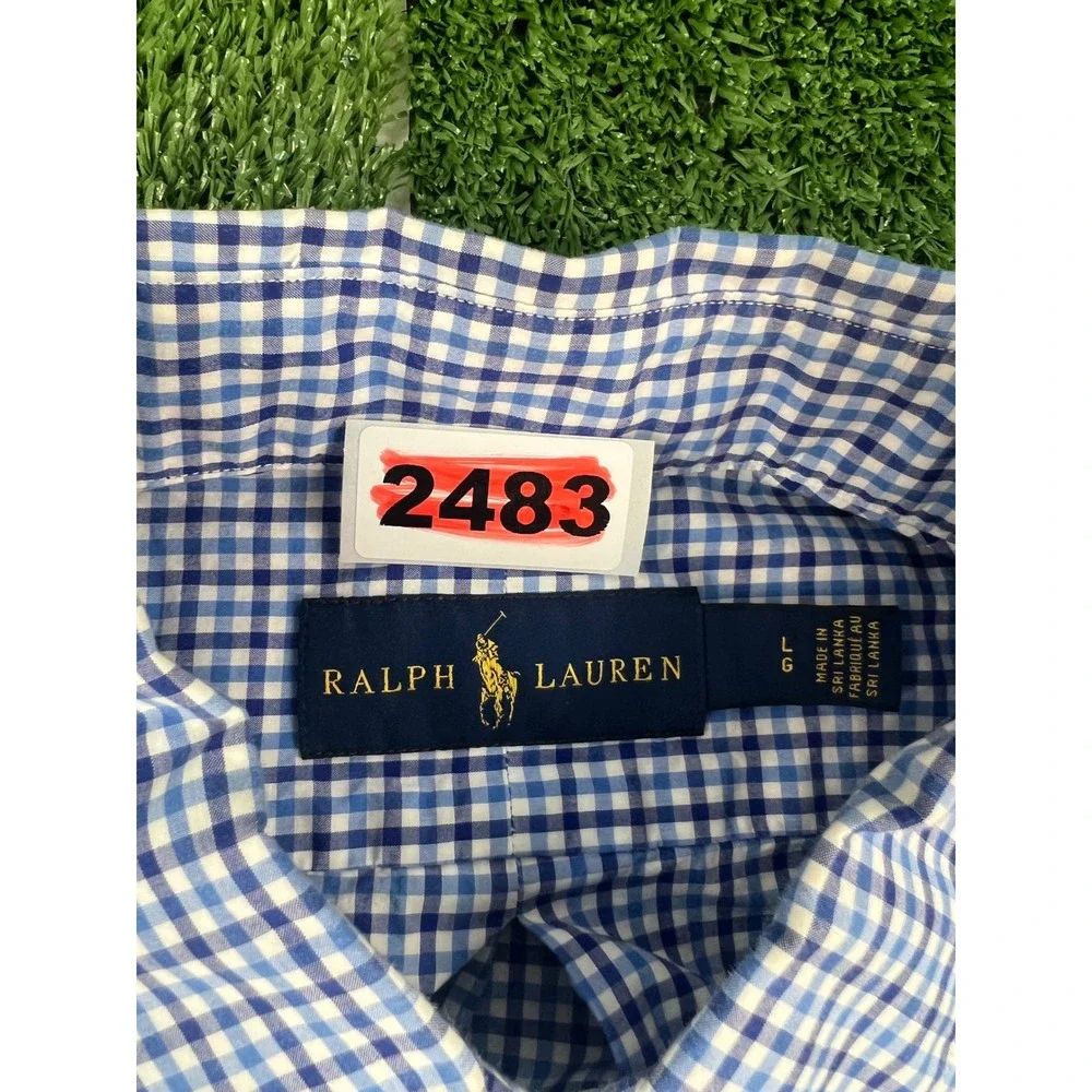 Ralph Lauren Mens Large Blue Gingham Check Button Down Shirt Long Sleeve Cotton